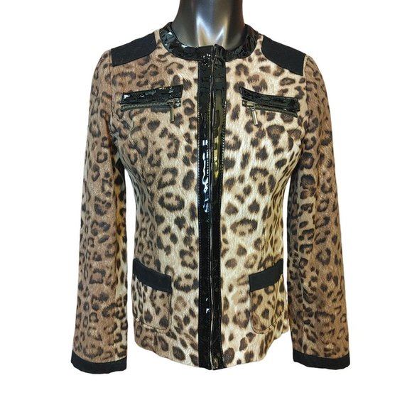 CHICOS Womens 0/M Matilda Leopard Print Faux Patent Trim Accent Jacket Pockets - Picture 1 of 3